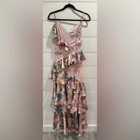 BHLDN pink floral Elora Sleeveless V-Neck Ruffle Lace Maxi Dress - Picture 9 of 10